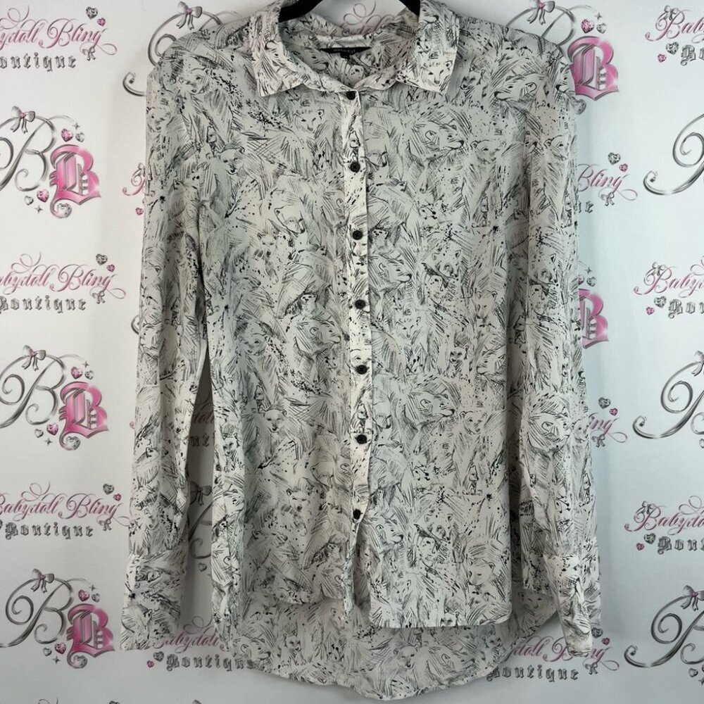RW&CO. Button down shirt bear drawing ✍️ style artwork Black and White Patterned